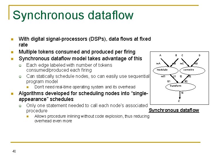 Synchronous dataflow n n n With digital signal-processors (DSPs), data flows at fixed rate
