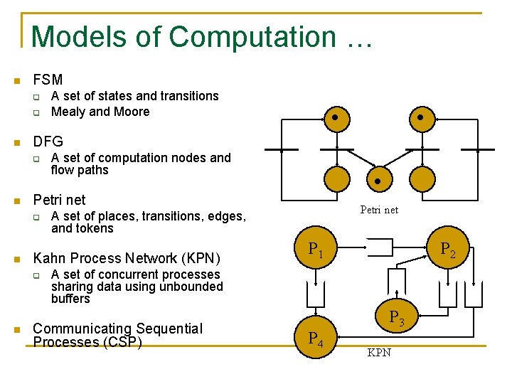 Models of Computation … n FSM q q n DFG q n Petri net