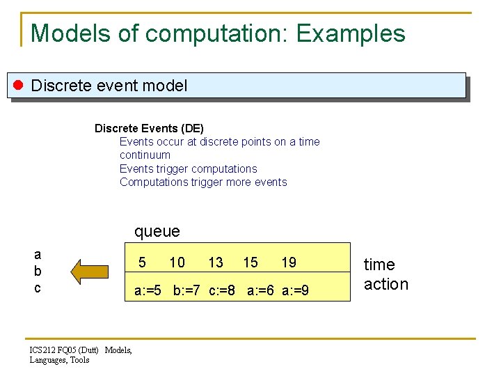 Models of computation: Examples l Discrete event model Discrete Events (DE) Events occur at