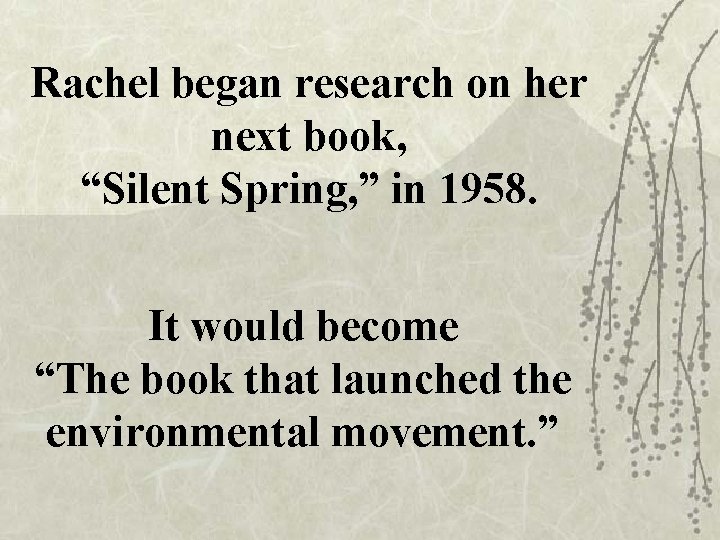 Rachel began research on her next book, “Silent Spring, ” in 1958. It would