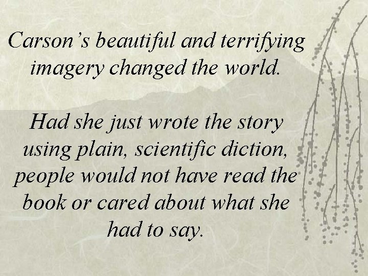 Carson’s beautiful and terrifying imagery changed the world. Had she just wrote the story