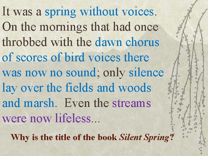 It was a spring without voices. On the mornings that had once throbbed with