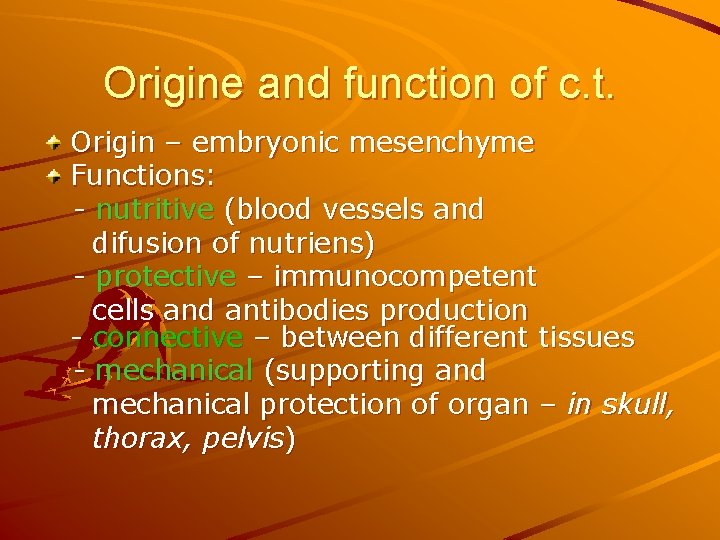 Origine and function of c. t. Origin – embryonic mesenchyme Functions: - nutritive (blood