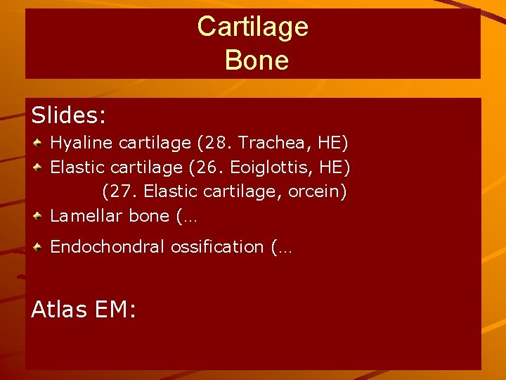 Cartilage Bone Slides: Hyaline cartilage (28. Trachea, HE) Elastic cartilage (26. Eoiglottis, HE) (27.