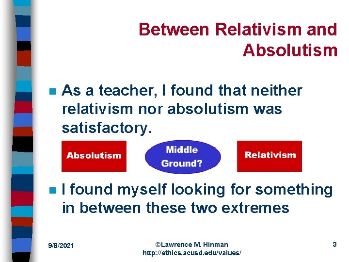 Between Relativism and Absolutism n As a teacher, I found that neither relativism nor