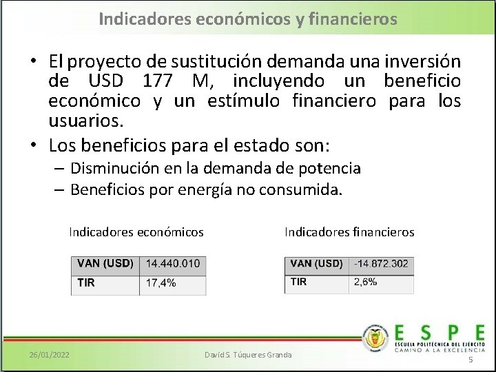 Indicadores económicos y financieros • El proyecto de sustitución demanda una inversión de USD