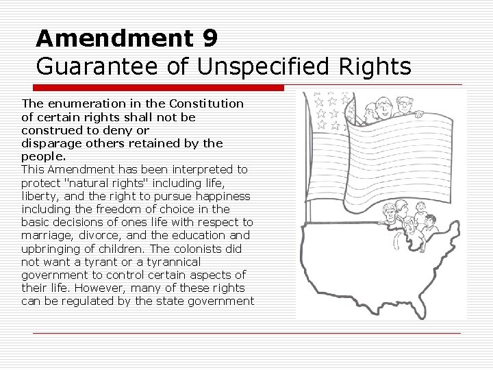 Amendment 9 Guarantee of Unspecified Rights The enumeration in the Constitution of certain rights