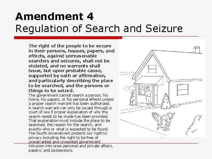 Amendment 4 Regulation of Search and Seizure The right of the people to be