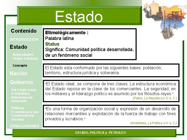 Estado Contenido INTRODUCCION Estado Antecedentes Origen e Historia Concepto Etimológicamente : Palabra latina Status