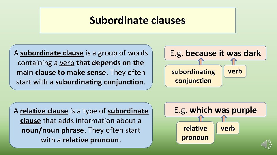 Subordinate clauses A subordinate clause is a group of words containing a verb that
