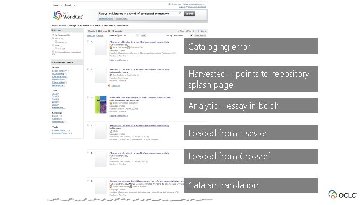 Cataloging error Harvested – points to repository splash page Analytic – essay in book