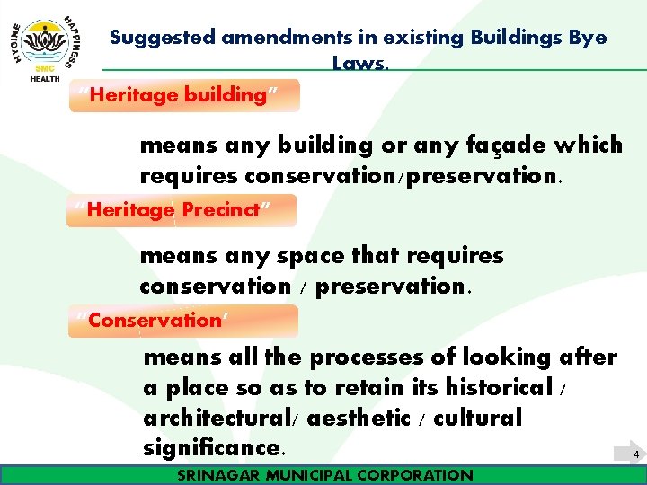 Suggested amendments in existing Buildings Bye Laws. “Heritage building” means any building or any