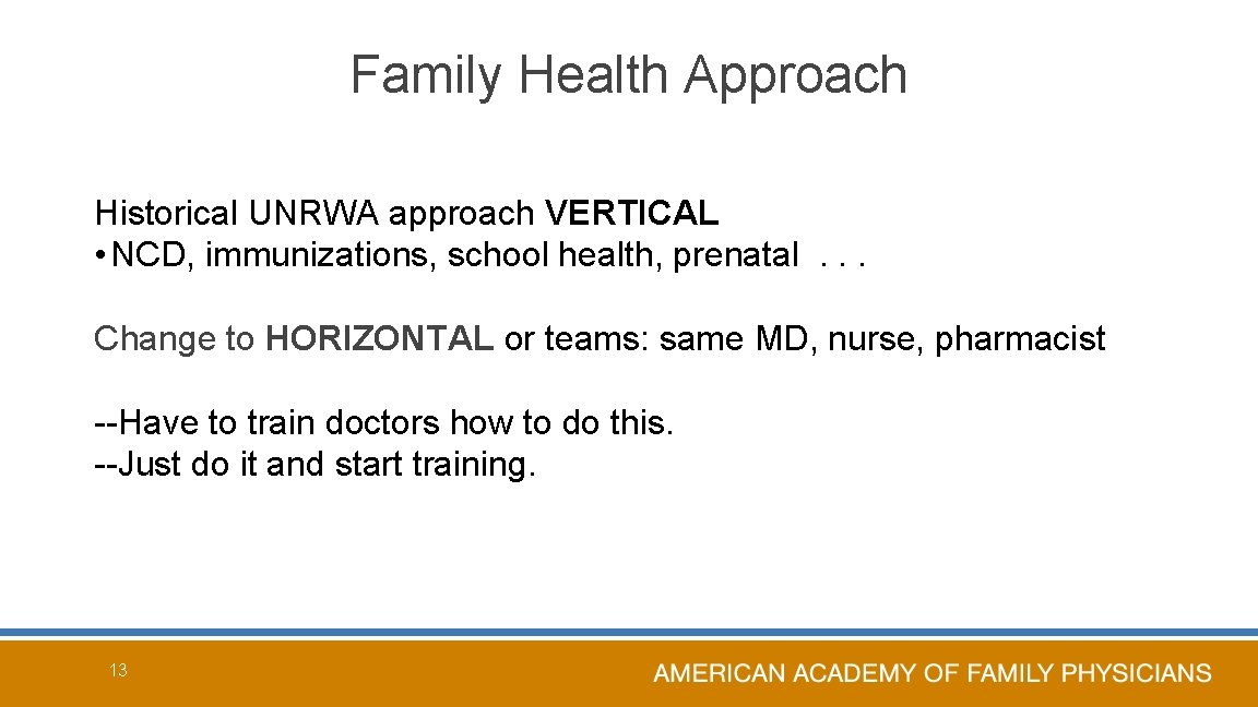 Family Health Approach Historical UNRWA approach VERTICAL • NCD, immunizations, school health, prenatal. .