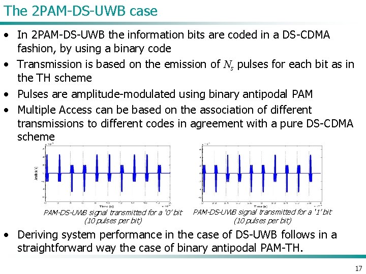 The 2 PAM-DS-UWB case • In 2 PAM-DS-UWB the information bits are coded in
