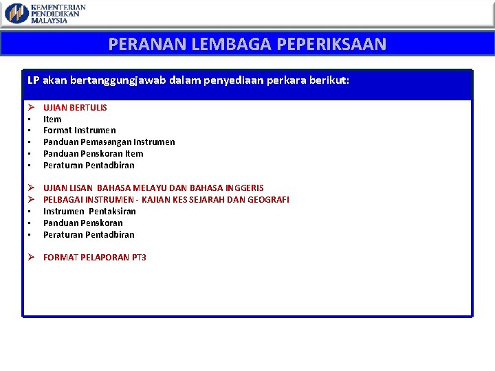 PERANAN LEMBAGA PEPERIKSAAN LP akan bertanggungjawab dalam penyediaan perkara berikut: Ø • • •