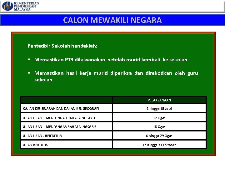 CALON MEWAKILI NEGARA Pentadbir Sekolah hendaklah: § Memastikan PT 3 dilaksanakan setelah murid kembali