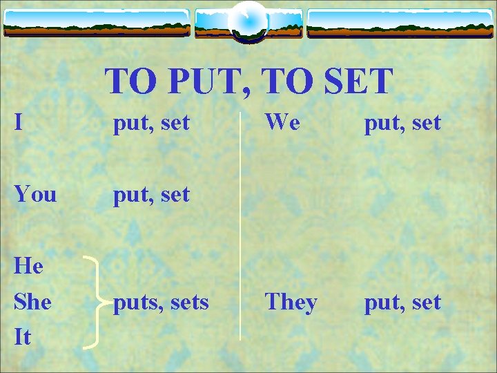 TO PUT, TO SET I put, set You put, set He She It puts,