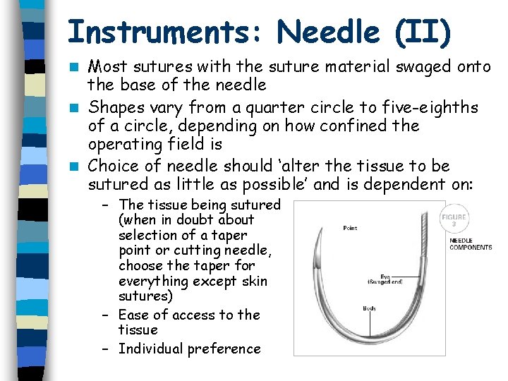 Instruments: Needle (II) Most sutures with the suture material swaged onto the base of