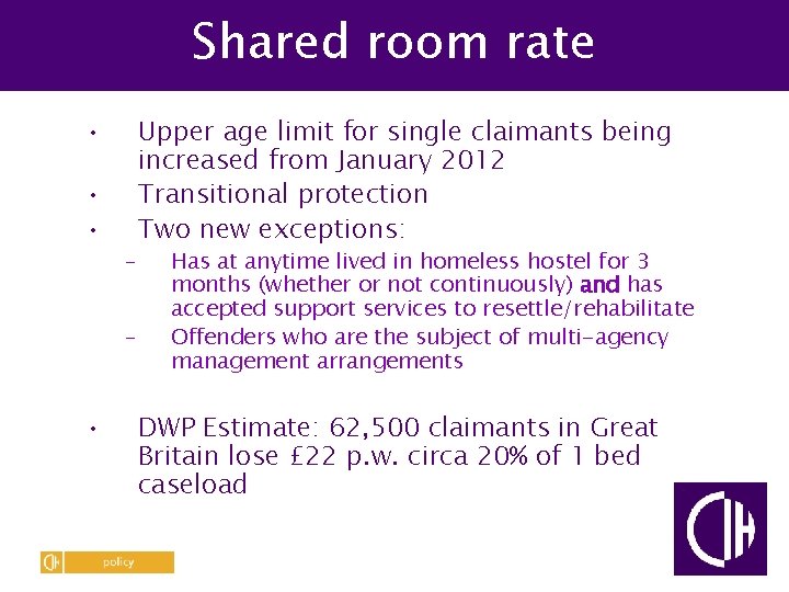 Shared room rate • • • – – • Upper age limit for single