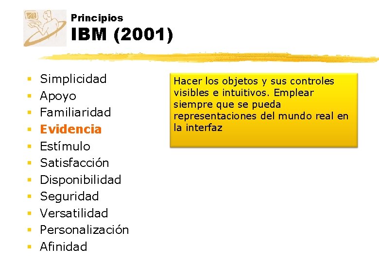 Principios IBM (2001) § § § Simplicidad Apoyo Familiaridad Evidencia Estímulo Satisfacción Disponibilidad Seguridad Principios IBM (2001) § § § Simplicidad Apoyo Familiaridad Evidencia Estímulo Satisfacción Disponibilidad Seguridad