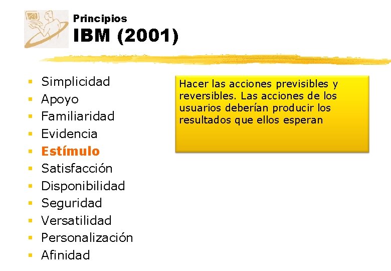 Principios IBM (2001) § § § Simplicidad Apoyo Familiaridad Evidencia Estímulo Satisfacción Disponibilidad Seguridad Principios IBM (2001) § § § Simplicidad Apoyo Familiaridad Evidencia Estímulo Satisfacción Disponibilidad Seguridad