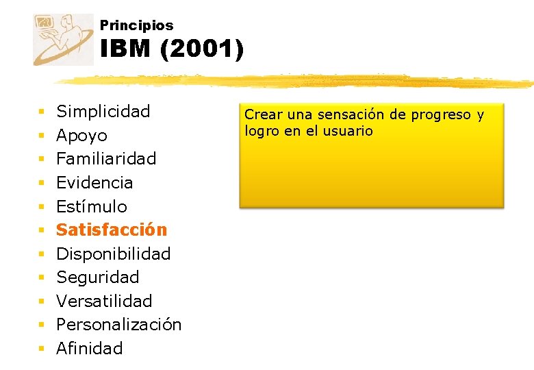Principios IBM (2001) § § § Simplicidad Apoyo Familiaridad Evidencia Estímulo Satisfacción Disponibilidad Seguridad Principios IBM (2001) § § § Simplicidad Apoyo Familiaridad Evidencia Estímulo Satisfacción Disponibilidad Seguridad