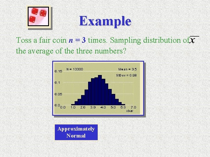 Example Toss a fair coin n = 3 times. Sampling distribution of the average