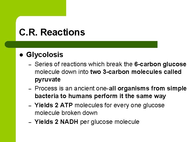 C. R. Reactions l Glycolosis – – Series of reactions which break the 6