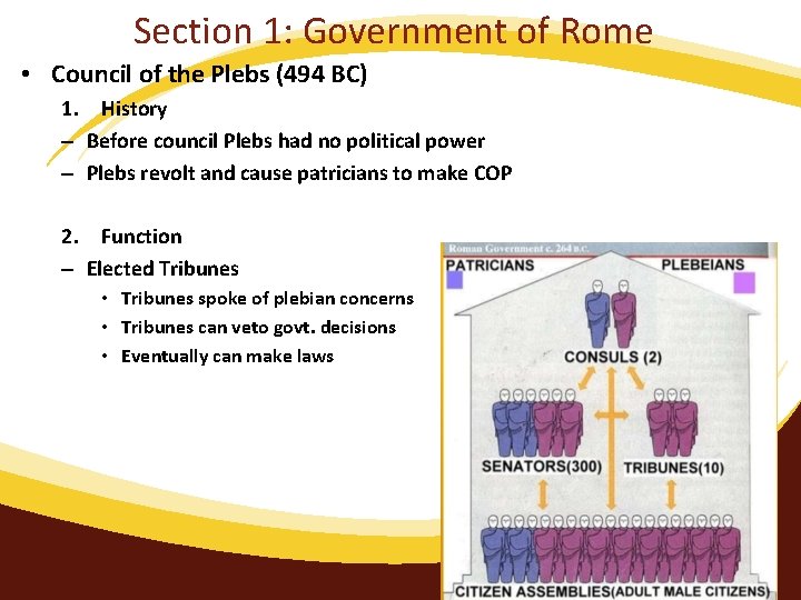 Section 1: Government of Rome • Council of the Plebs (494 BC) 1. History
