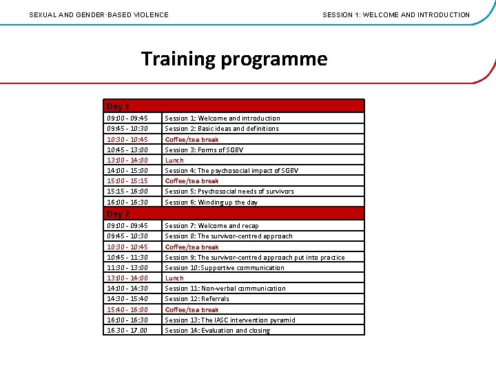 SEXUAL AND GENDER·BASED VIOLENCE SESSION 1: WELCOME AND INTRODUCTION Training programme Day 1 09: