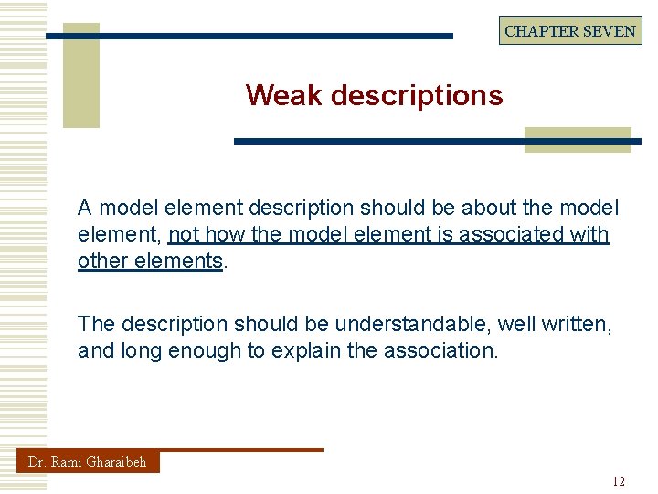 CHAPTER SEVEN Weak descriptions A model element description should be about the model element,