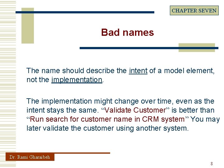 CHAPTER SEVEN Bad names The name should describe the intent of a model element,