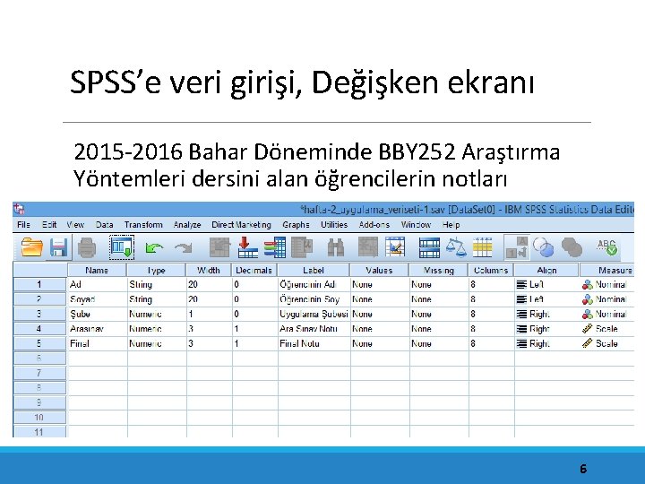 SPSS’e veri girişi, Değişken ekranı 2015 -2016 Bahar Döneminde BBY 252 Araştırma Yöntemleri dersini