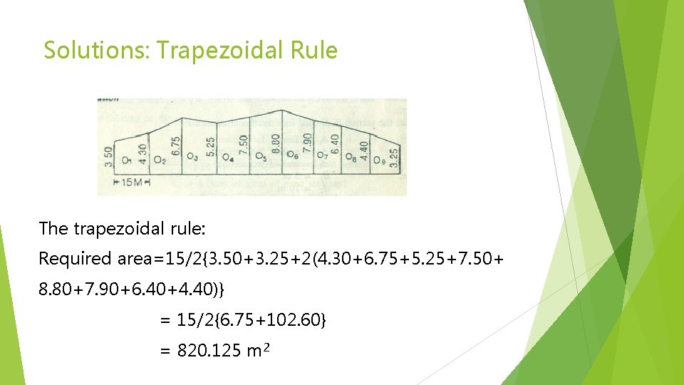 Solutions: Trapezoidal Rule The trapezoidal rule: Required area=15/2{3. 50+3. 25+2(4. 30+6. 75+5. 25+7. 50+