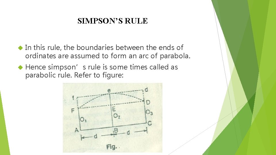 SIMPSON’S RULE In this rule, the boundaries between the ends of ordinates are assumed