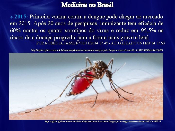 2015: Primeira vacina contra a dengue pode chegar ao mercado em 2015. Após 20