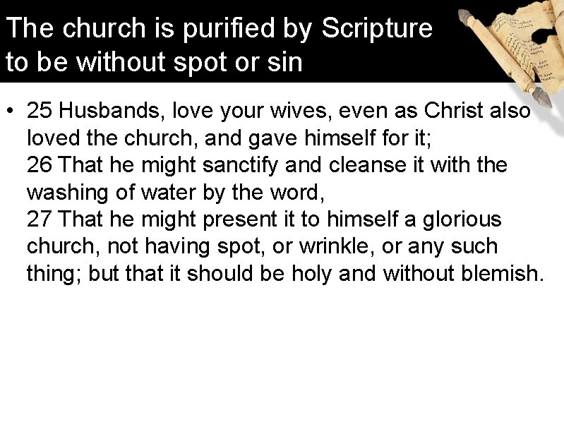 The church is purified by Scripture to be without spot or sin • 25