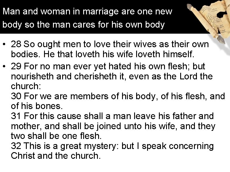 Man and woman in marriage are one new body so the man cares for
