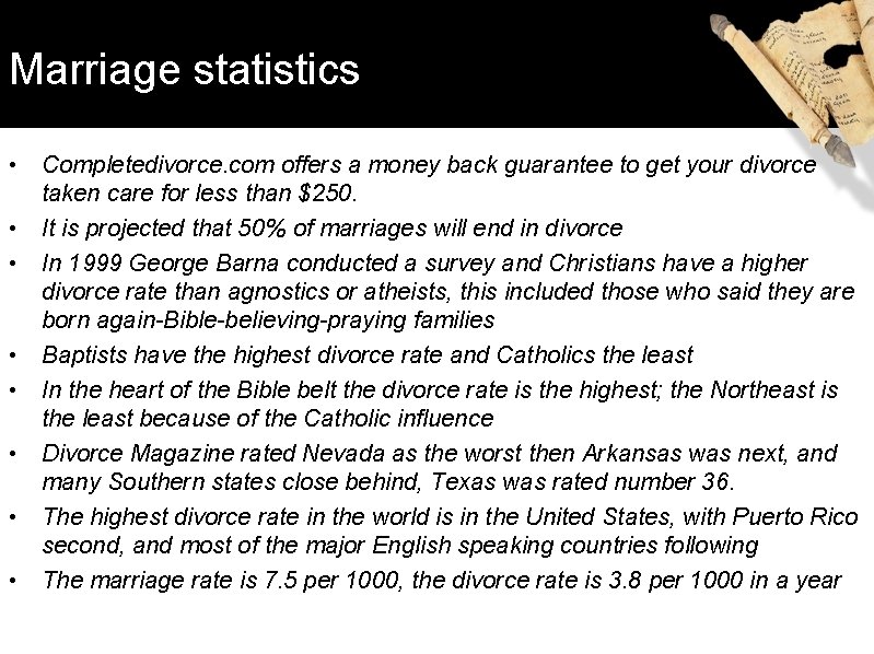 Marriage statistics • Completedivorce. com offers a money back guarantee to get your divorce