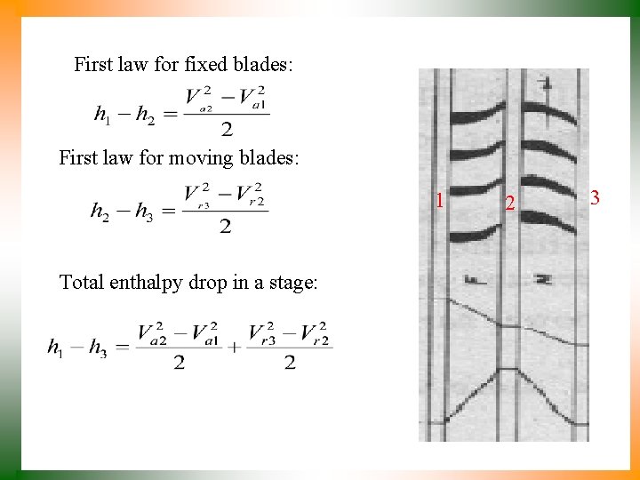 First law for fixed blades: First law for moving blades: 1 Total enthalpy drop