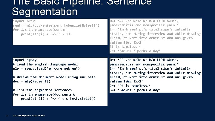 The Basic Pipeline: Sentence Segmentation import nltk sent = nltk. tokenize. sent_tokenize(Notes[1]) for i,