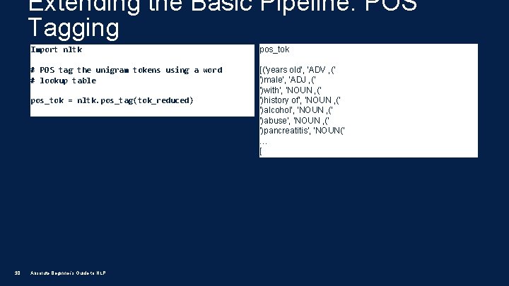 Extending the Basic Pipeline: POS Tagging Import nltk pos_tok # POS tag the unigram