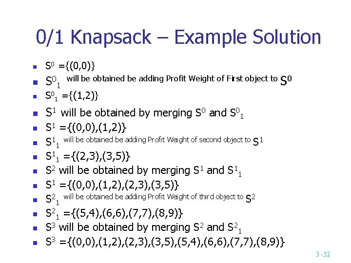 0/1 Knapsack – Example Solution S 0 ={(0, 0)} S 0 1 will be