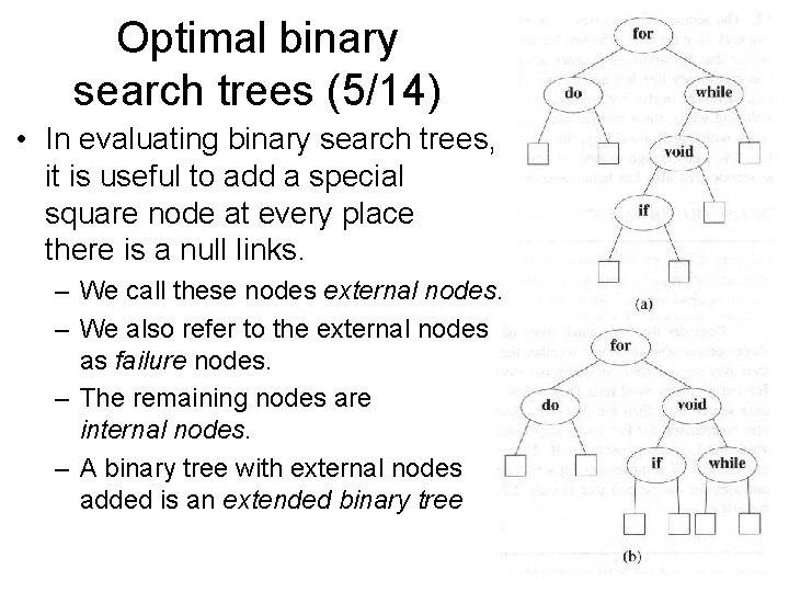 Optimal binary search trees (5/14) • In evaluating binary search trees, it is useful