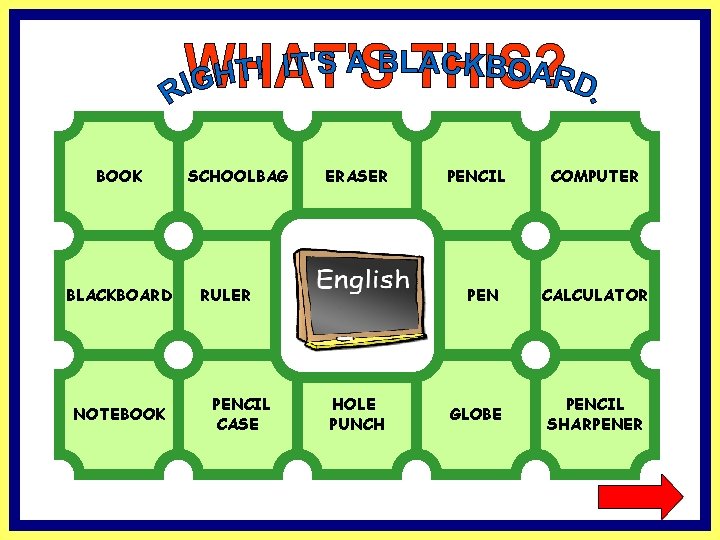 BOOK BLACKBOARD NOTEBOOK SCHOOLBAG ERASER RULER PENCIL CASE PENCIL PEN HOLE PUNCH GLOBE COMPUTER