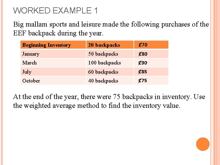 WORKED EXAMPLE 1 Big mallam sports and leisure made the following purchases of the