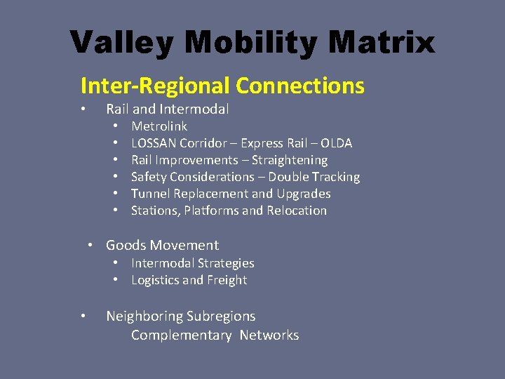 Valley Mobility Matrix Inter-Regional Connections • Rail and Intermodal • • • Metrolink LOSSAN