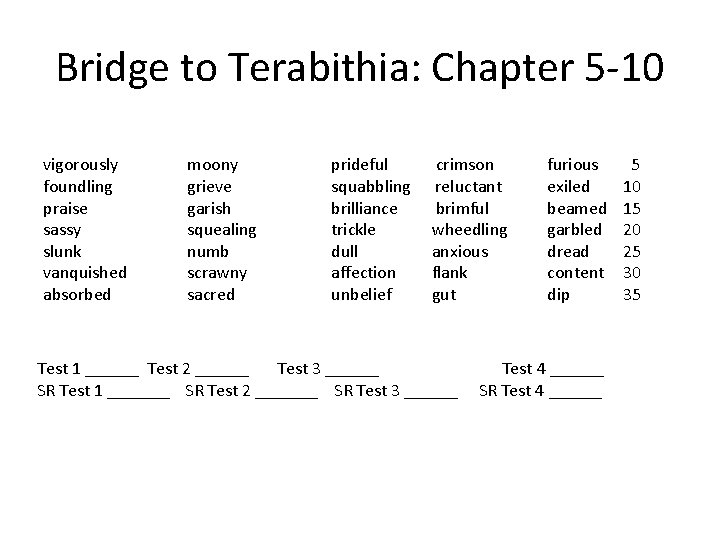 Bridge to Terabithia: Chapter 5 -10 vigorously foundling praise sassy slunk vanquished absorbed moony