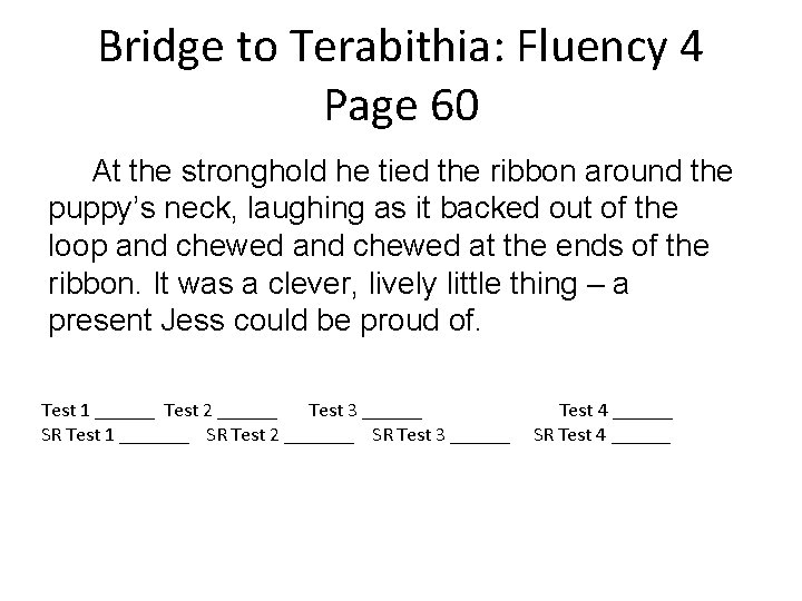 Bridge to Terabithia: Fluency 4 Page 60 At the stronghold he tied the ribbon
