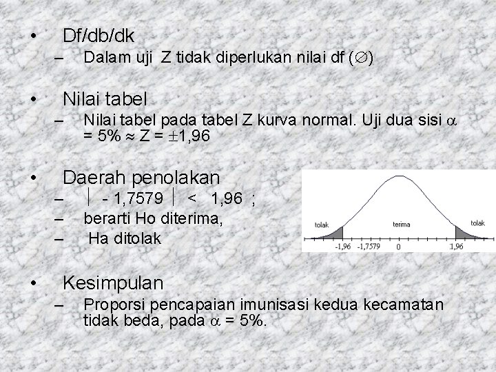  • Df/db/dk – • Nilai tabel pada tabel Z kurva normal. Uji dua